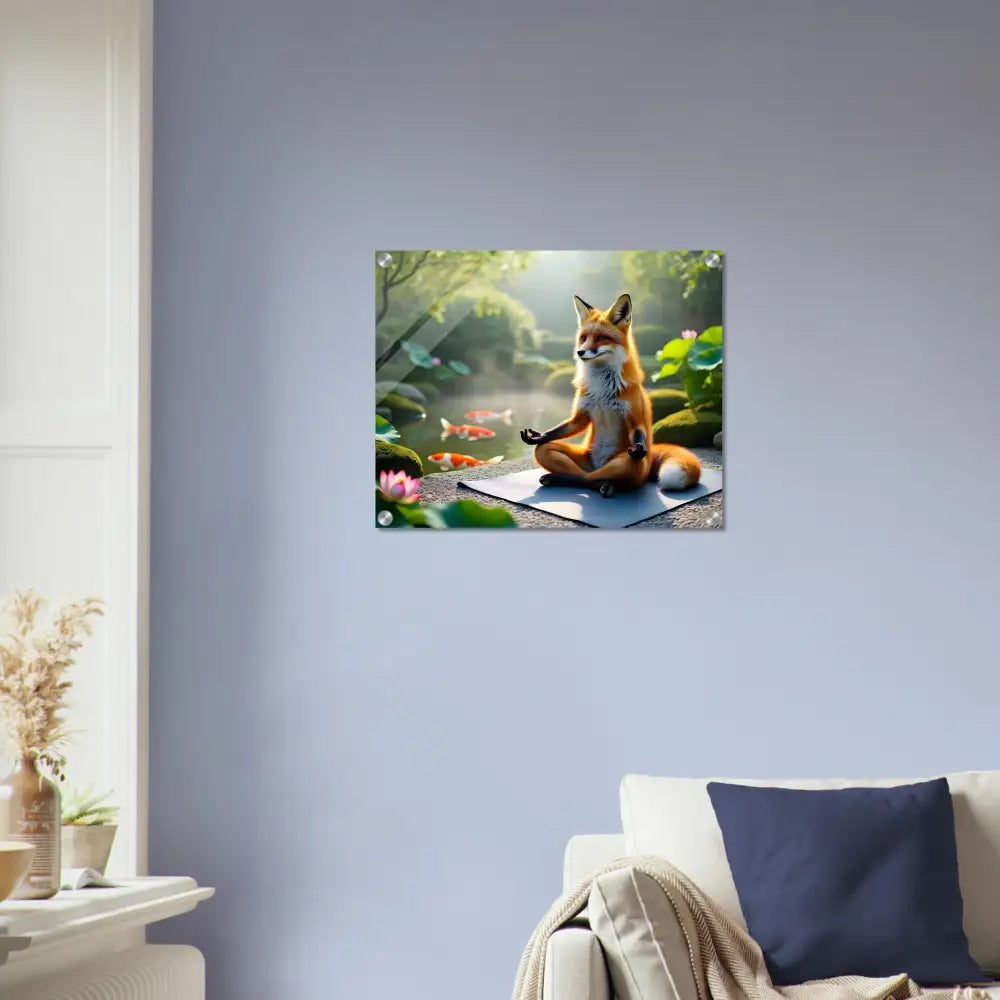 Framed fox meditating acrylic print titled Foxasana on PixiOnyx Liquid Light Panel