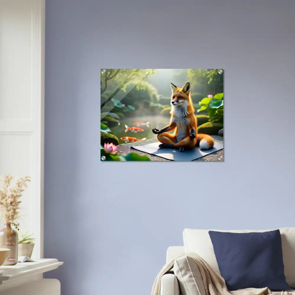 Acrylic Print Foxasana showing a fox meditating in a tranquil pond scene