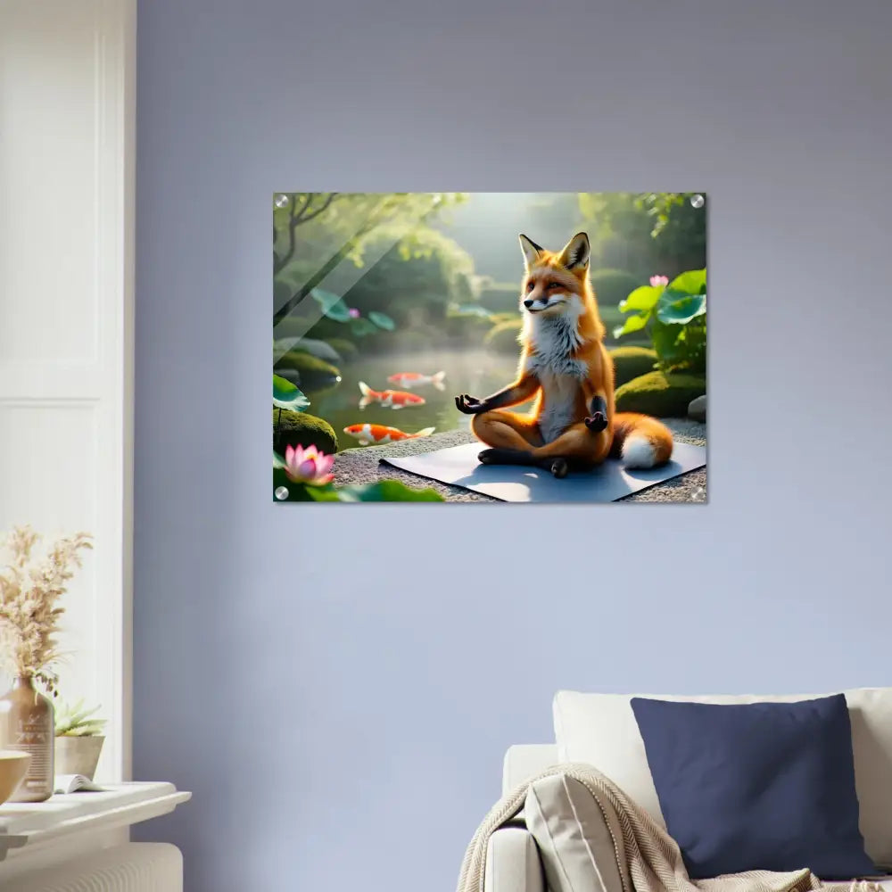 Framed fox meditating art on Acrylic Print Foxasana PixiOnyx Liquid Light Panel