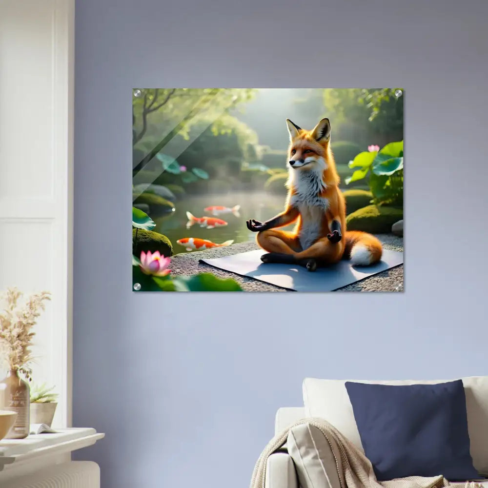 Acrylic print of a framed fox meditating art titled Foxasana by PixiOnyx Liquid Light Panel