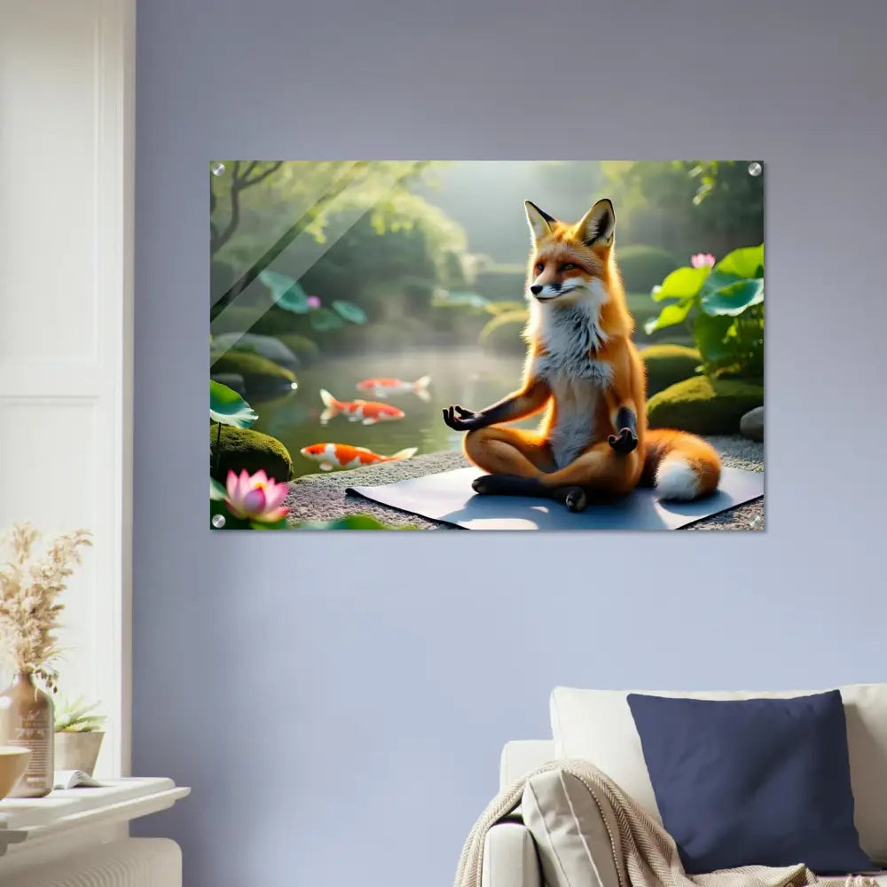 Fox meditating in a pond scene wall art for Acrylic Print Foxasana PixiOnyx Liquid Light Panel
