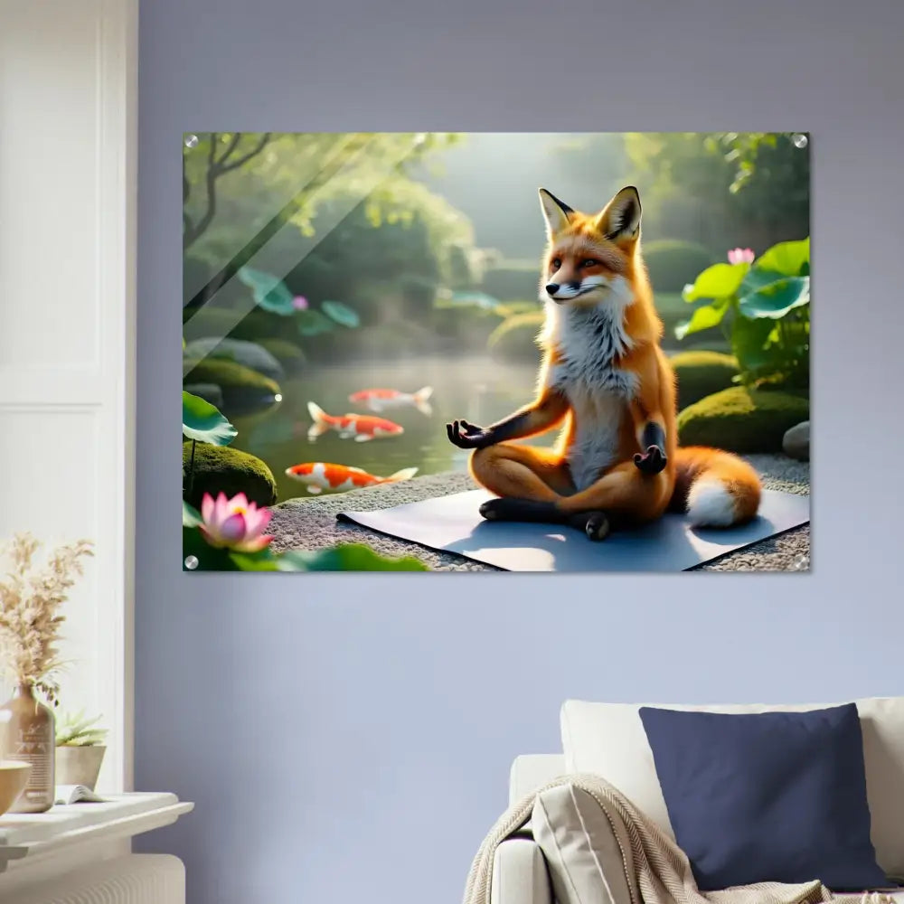 Acrylic print of a fox meditating in a serene pond scene by PixiOnyx Liquid Light Panel