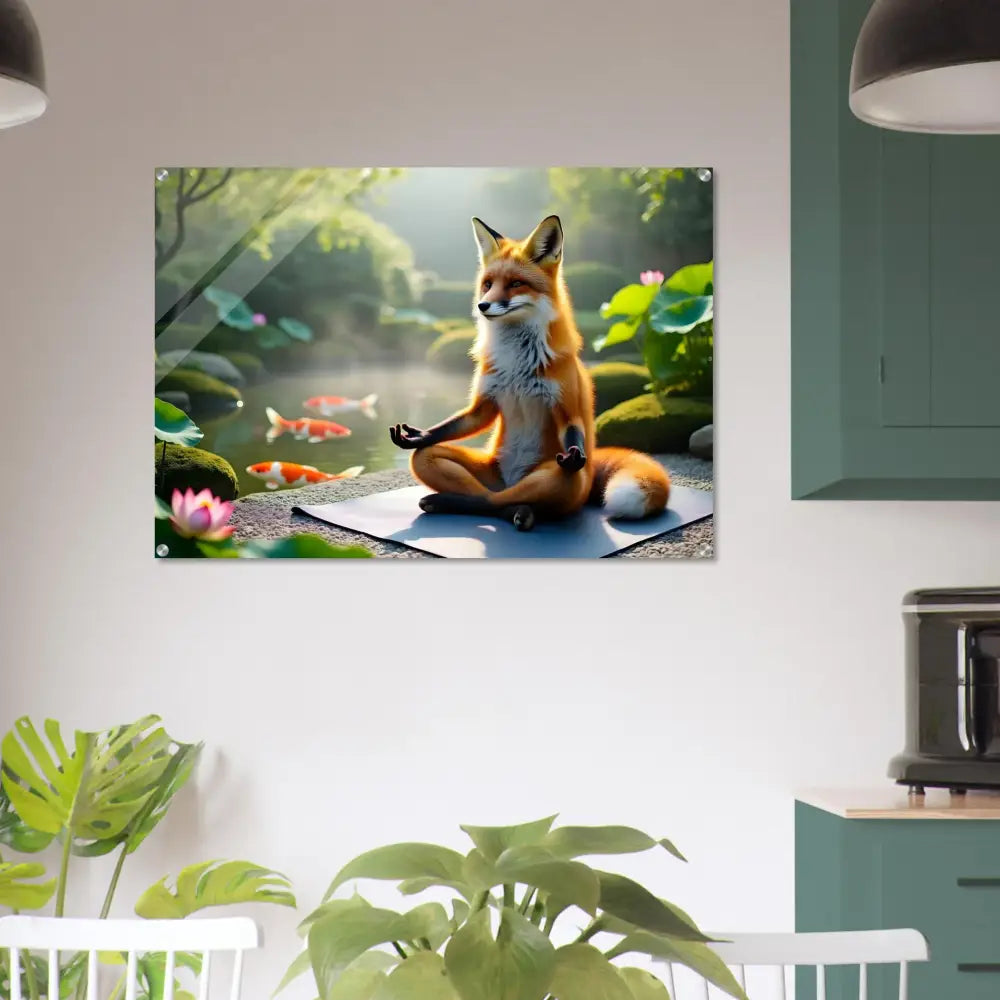 Framed fox meditation art Acrylic Print Foxasana PixiOnyx Liquid Light Panel