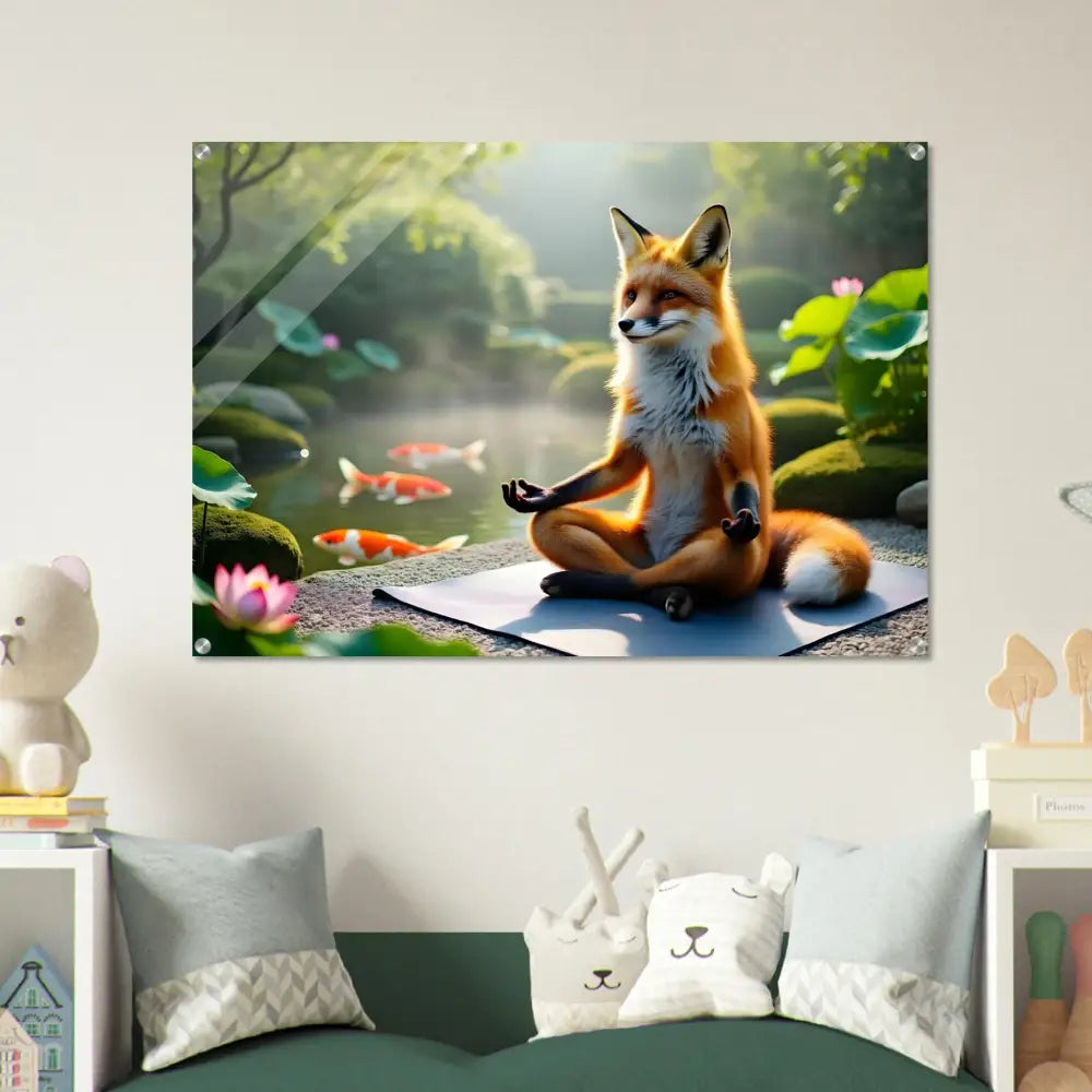 Acrylic print of a fox meditating by a pond showcasing Foxasana PixiOnyx Liquid Light Panel