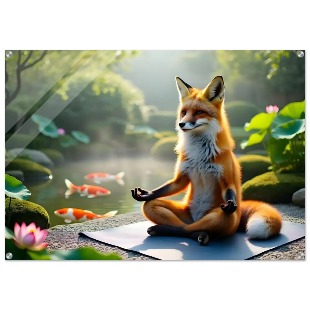 Meditating fox on yoga mat Acrylic Print Foxasana PixiOnyx Liquid Light Panel