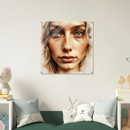 Acrylic print of a woman’s face on clear acrylic glass mounted photo paper high-impact display
