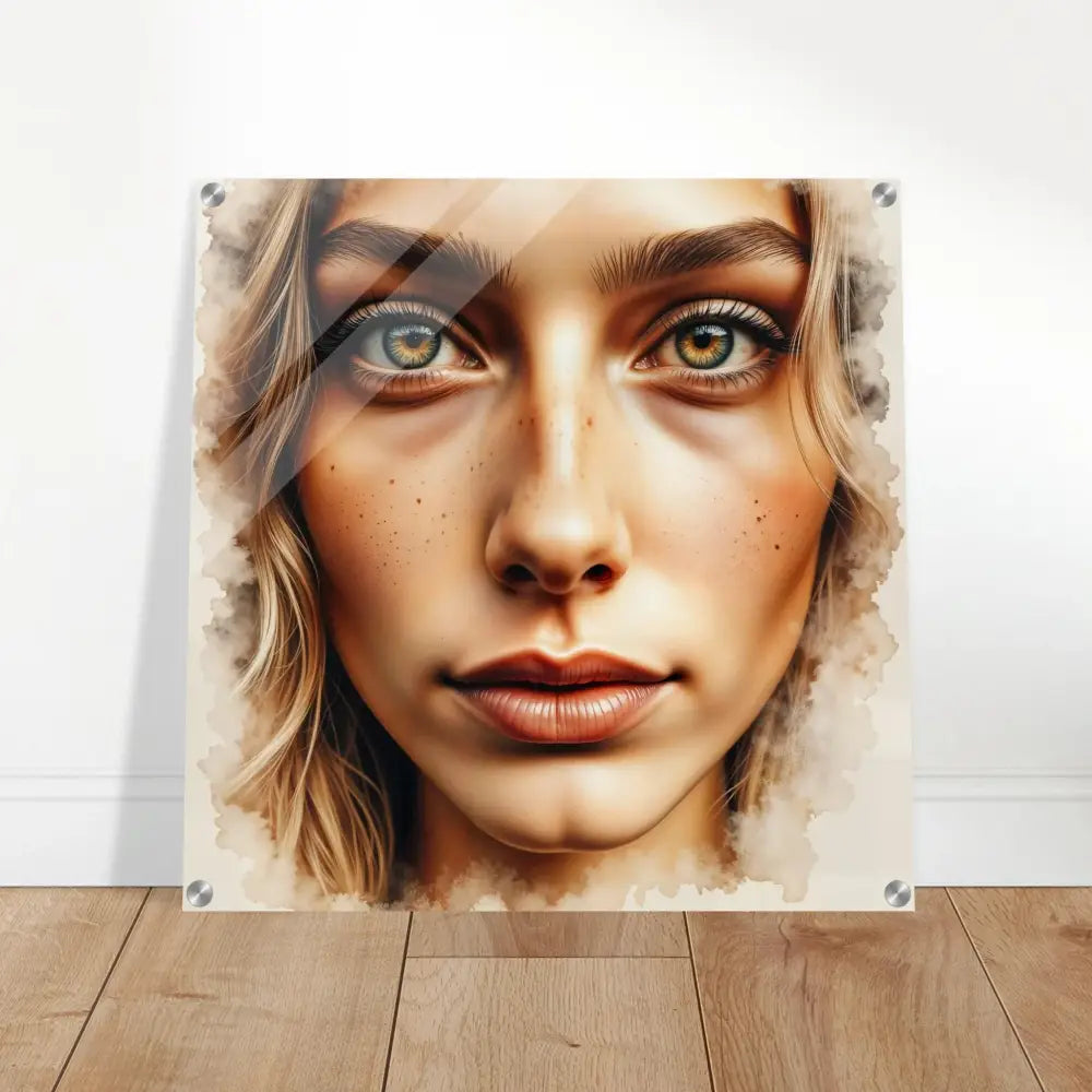 Acrylic print of a freckled woman’s face with blonde hair on clear acrylic glass mounted with silver standoffs
