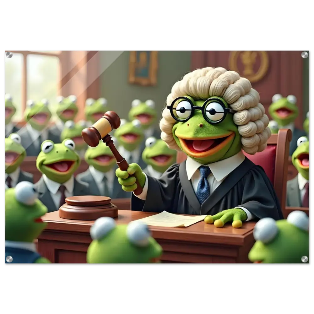 Frog judge holding gavel in court scene acrylic print for humorous home decor