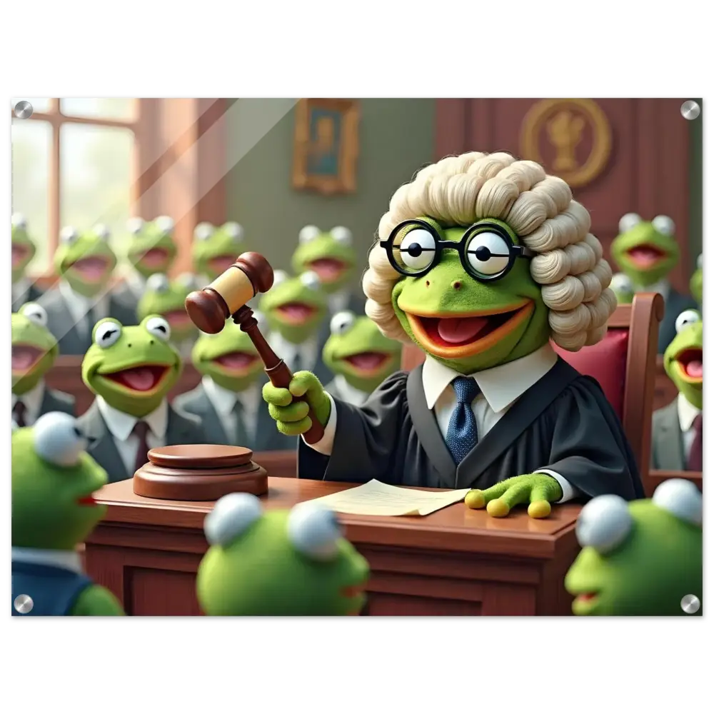 Frog judge with gavel acrylic print from PixiOnyx Frog Court Scene humor display