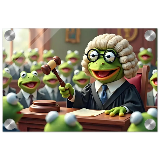 Acrylic print of a frog judge with gavel in a courtroom scene for humorous display