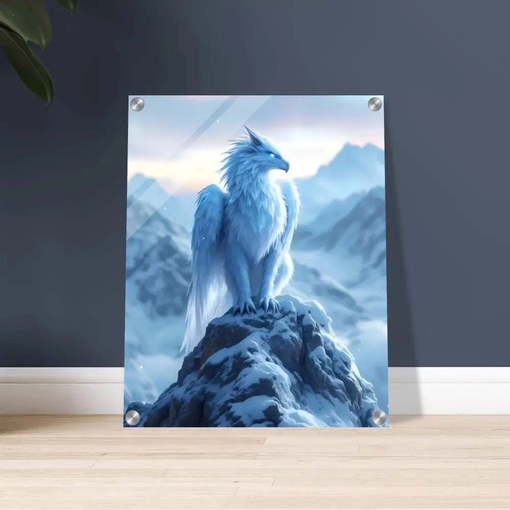 Framed fantasy art print showcasing Frostpeak Gryphon acrylic display by PixiOnyx