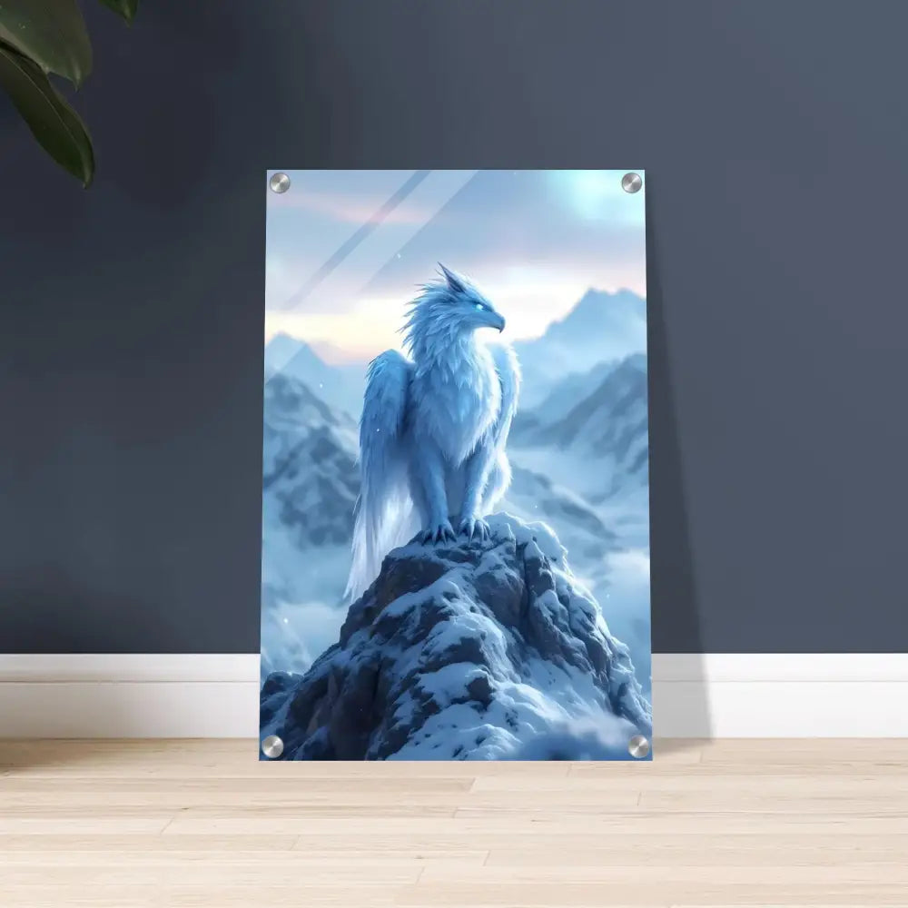 Acrylic print of a white Griffin on a snowy mountain for PixiOnyx Frostpeak Gryphon display