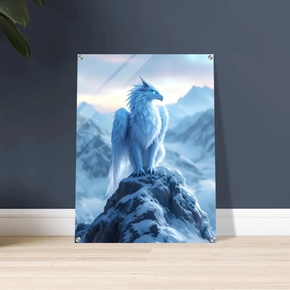 Framed fantasy art print of Frostpeak Gryphon in acrylic display for PixiOnyx Fantasy