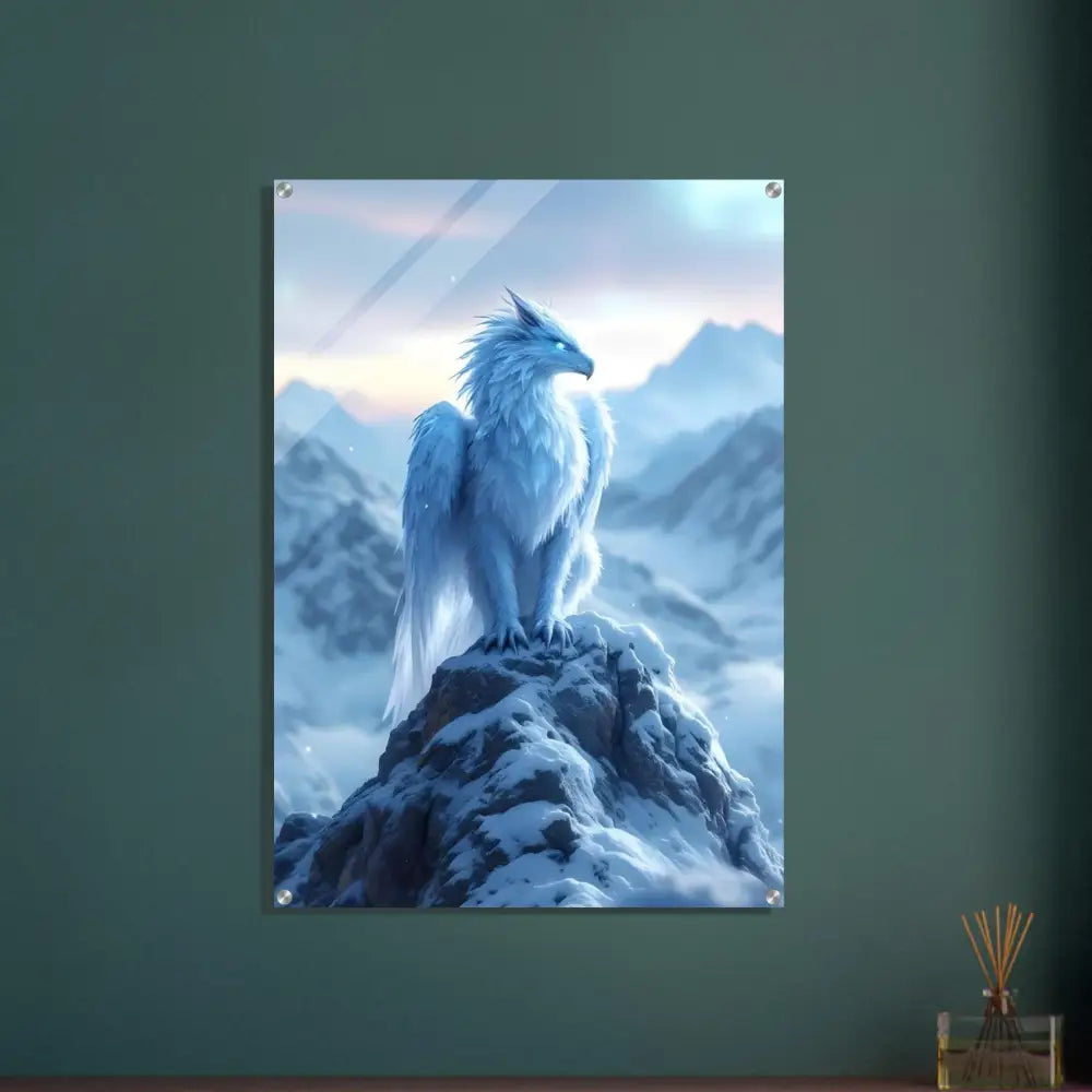 Framed fantasy acrylic print of a white Griffon from Frostpeak Gryphon collection