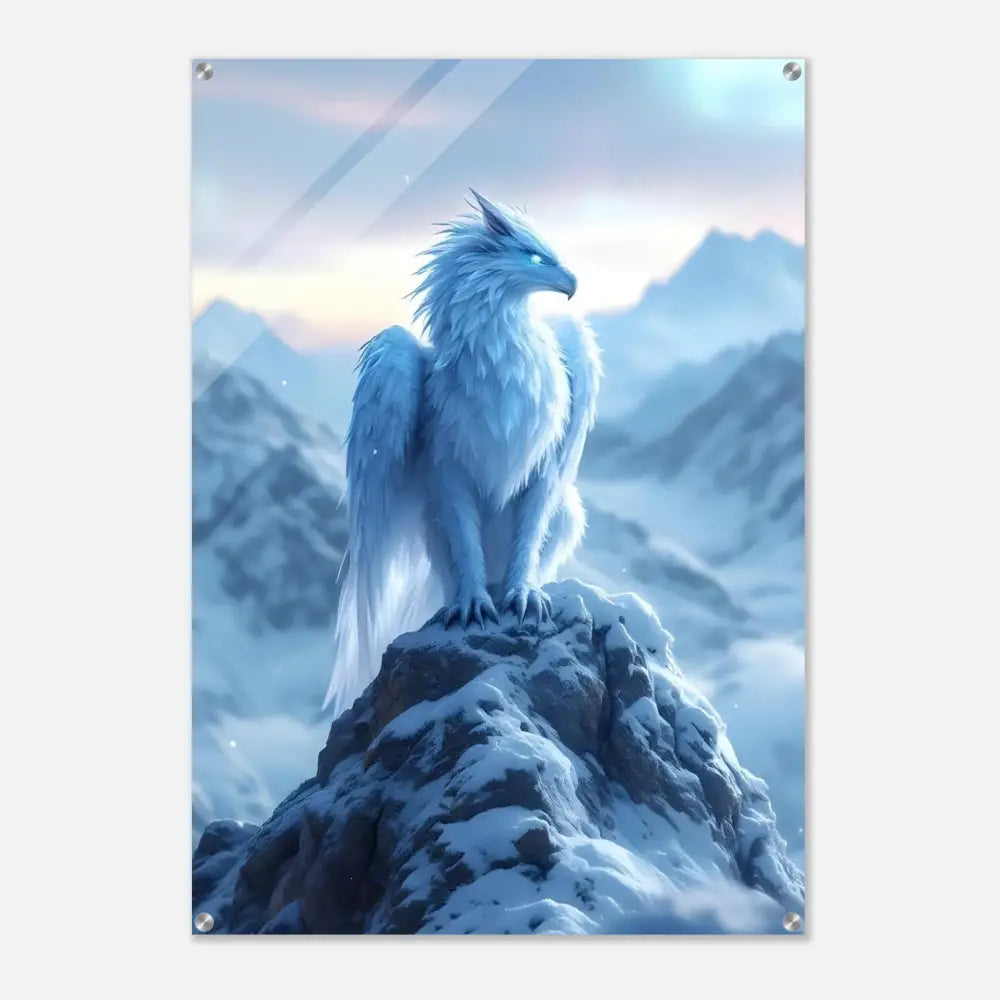 Snowy griffin perched on mountain peak acrylic print Frostpeak Gryphon PixiOnyx Fantasy Display