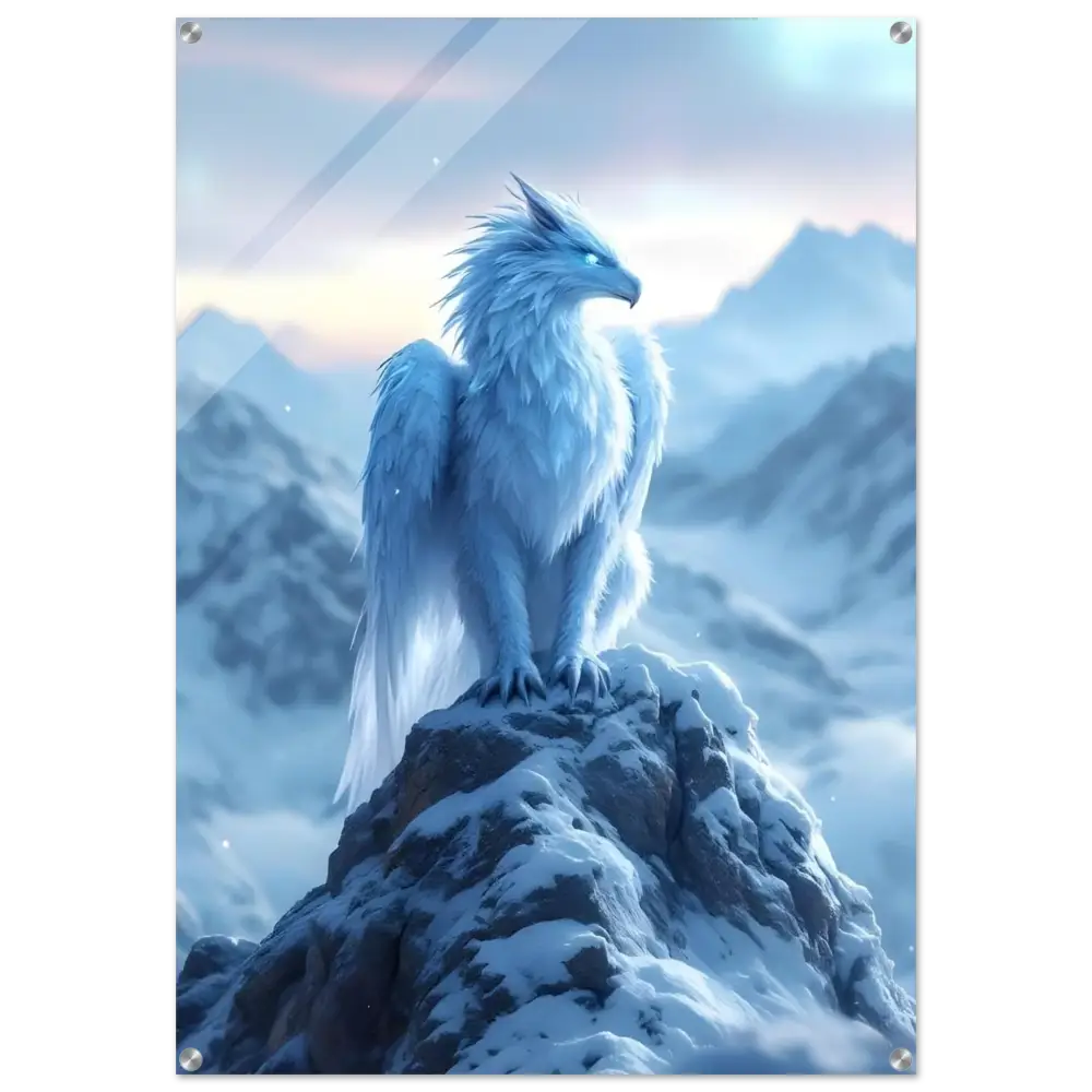 Framed icy griffin perched on snowy peak acrylic print Frostpeak Gryphon PixiOnyx Fantasy Display