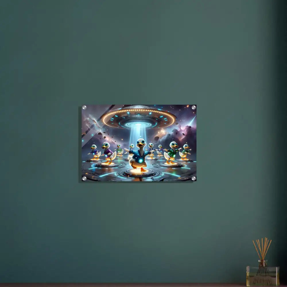 Acrylic print of ducks being abducted by a UFO for Galactic Dance Crew PixiOnyx