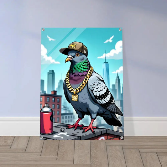 Framed pigeon art acrylic print titled Gangster Pigeon Skyline by PixiOnyx Crystal City Edition