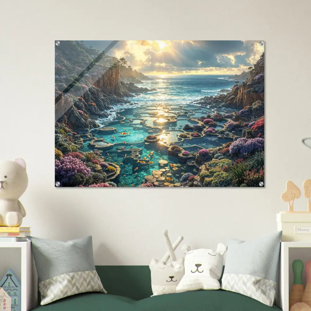 Vibrant coastal landscape acrylic print from Garden of the Tides PixiOnyx Crystalflow Edition
