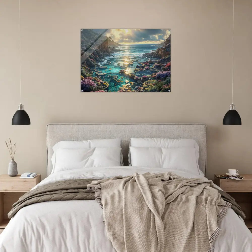 Bedroom with ocean artwork acrylic print Garden of the Tides PixiOnyx Crystalflow Edition