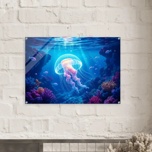 Vibrant jellyfish underwater art Acrylic Print Glowing Wanderer Cosmic Drift PixiOnyx Ocean Reverie
