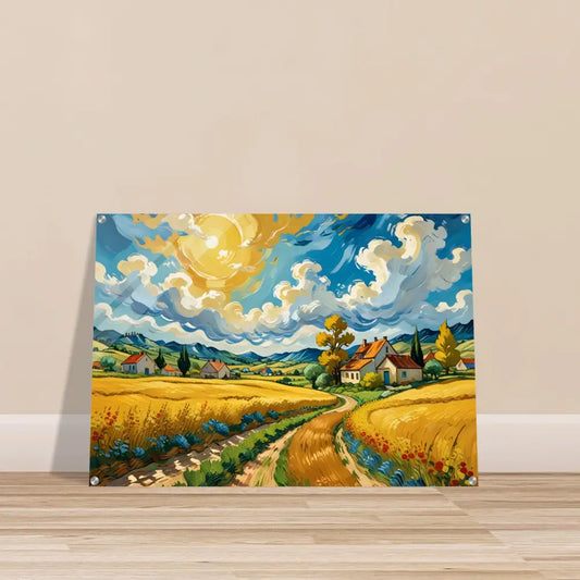 Vibrant landscape painting displayed on Acrylic Print Golden Fields Reverie by PixiOnyx