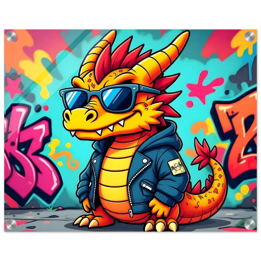 Cartoon dragon wearing sunglasses and jacket on Graffiti Groove Dragon Acrylic Print by PixiOnyx