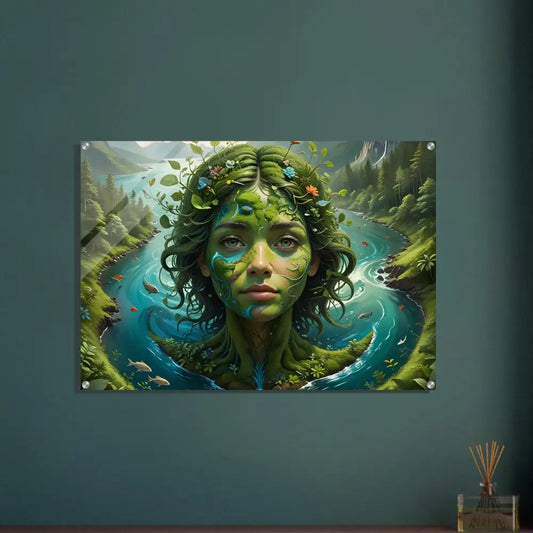 Nature-themed portrait art printed on Acrylic in Green Goddess design at PixiOnyx