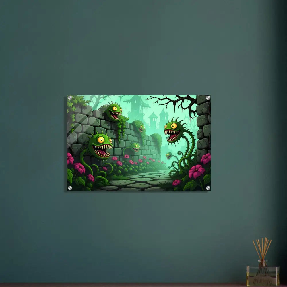 Cartoonish monster plant wall art acrylic print for surreal fantasy nature decor