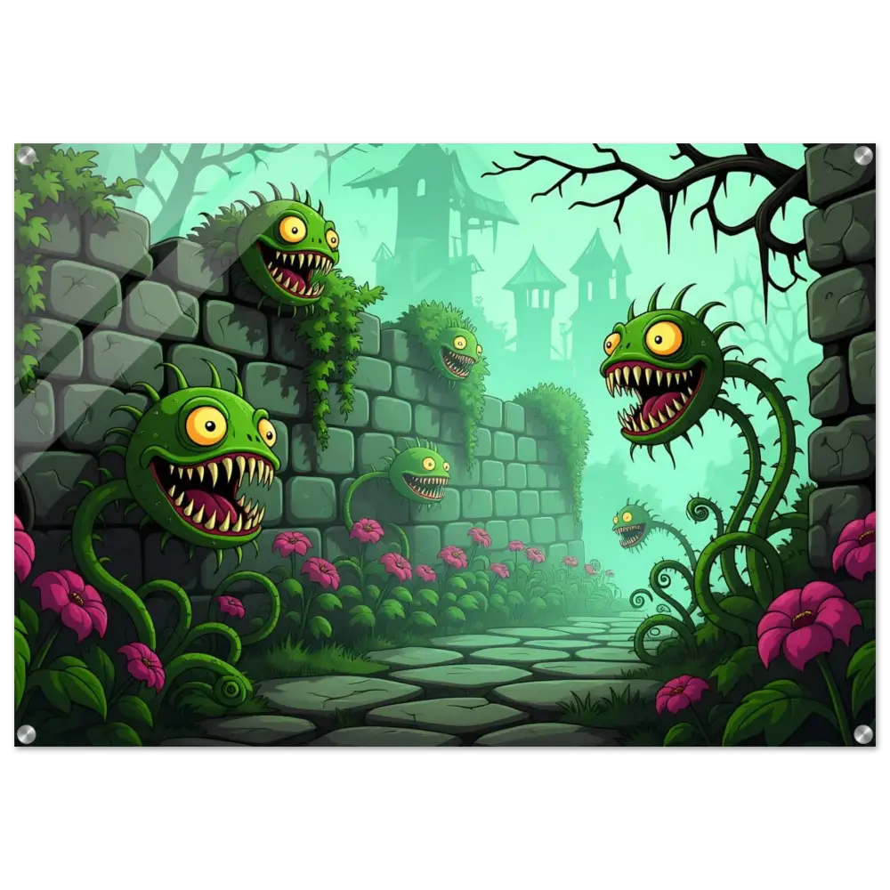 Cartoonish carnivorous plants acrylic print from Grinvine Grove PixiOnyx Surreal Fantasy Nature