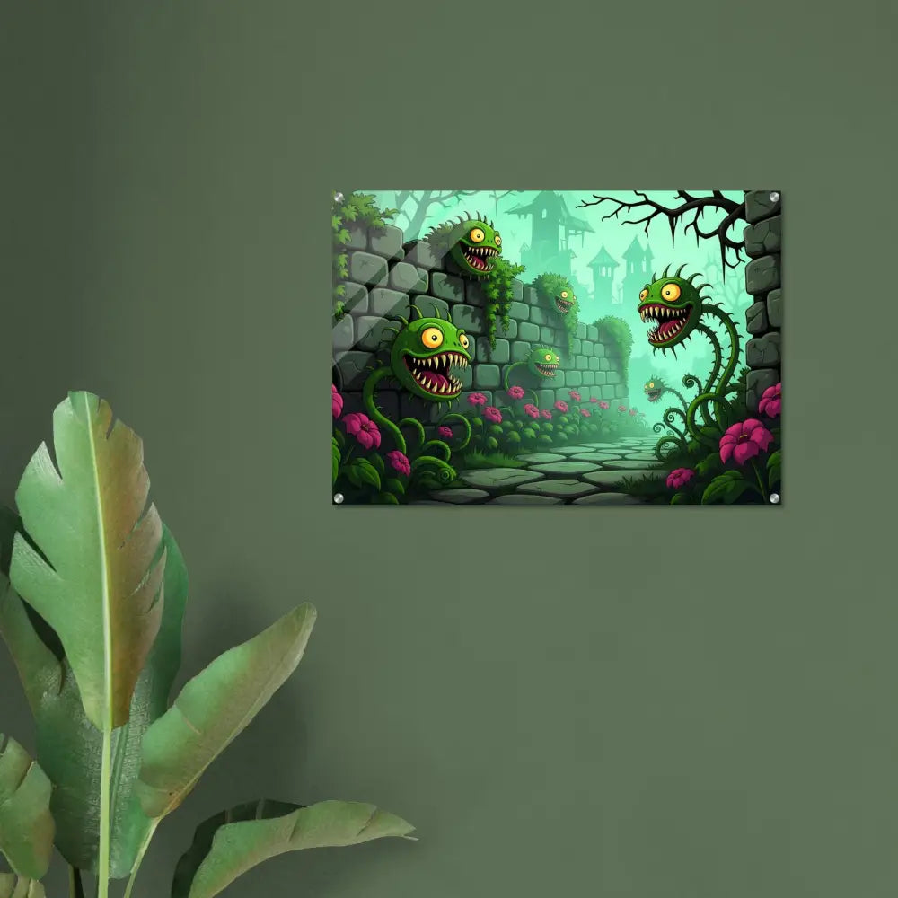 Cartoonish monster plant wall art acrylic print from Grinvine Grove by PixiOnyx