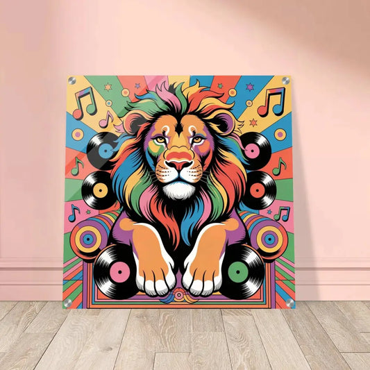 Vibrant pop-art style lion with rainbow mane, musical notes, vinyl records on PixiOnyx Gloss Groove acrylic print
