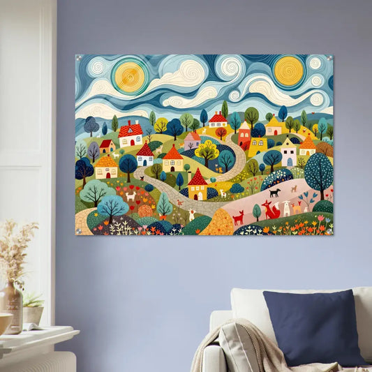 Colorful village landscape painting on Acrylic Print Hillside Harmony by PixiOnyx