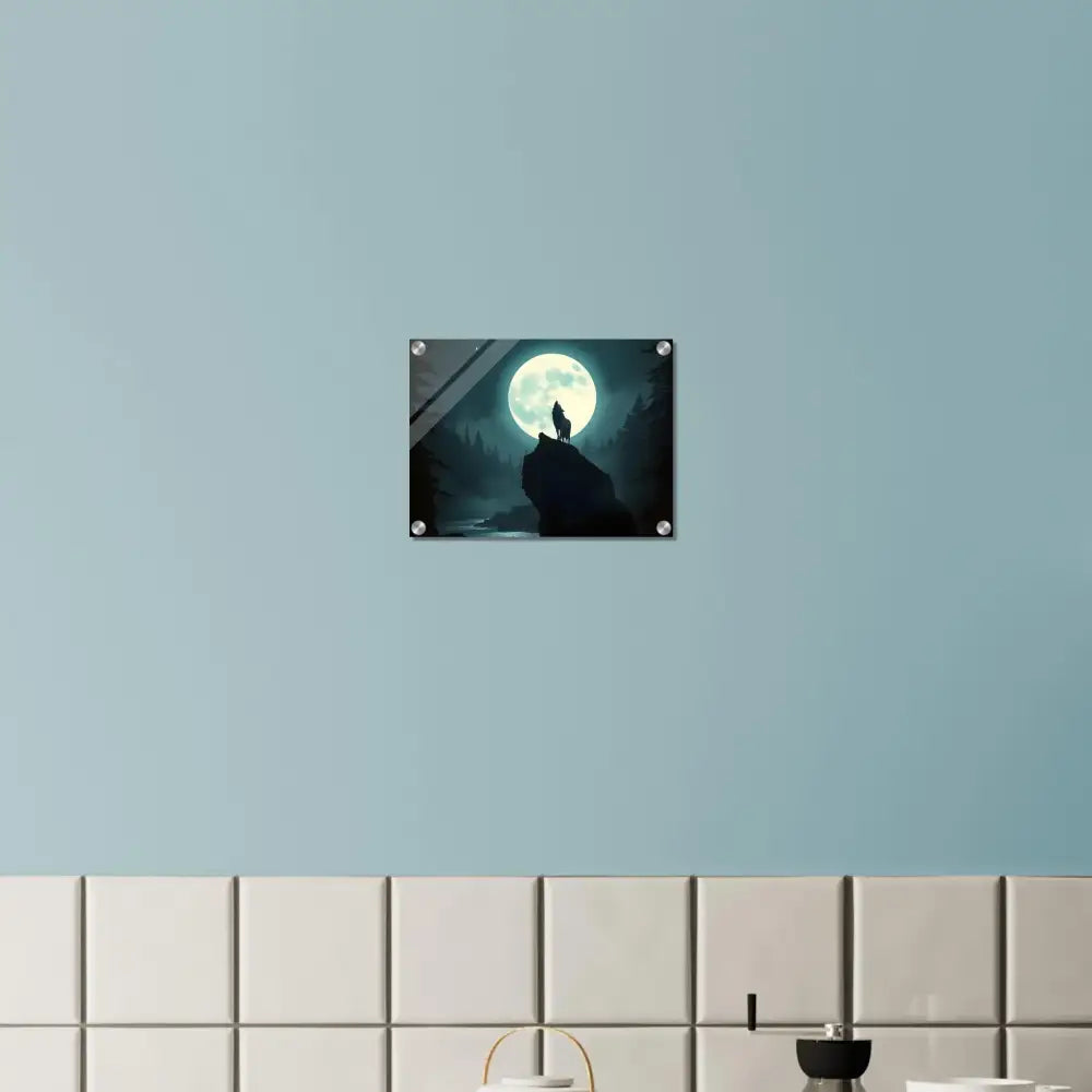 Acrylic wall art of a wolf howling at the moon for Lunar Reverie decor by PixiOnyx