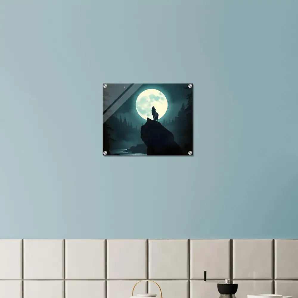 Acrylic print of a wolf howling at the moon wall art from PixiOnyx Lunar Reverie