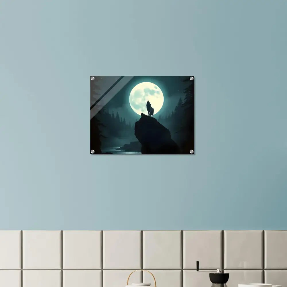 Acrylic wall art of a wolf howling at the moon for Lunar Reverie decor