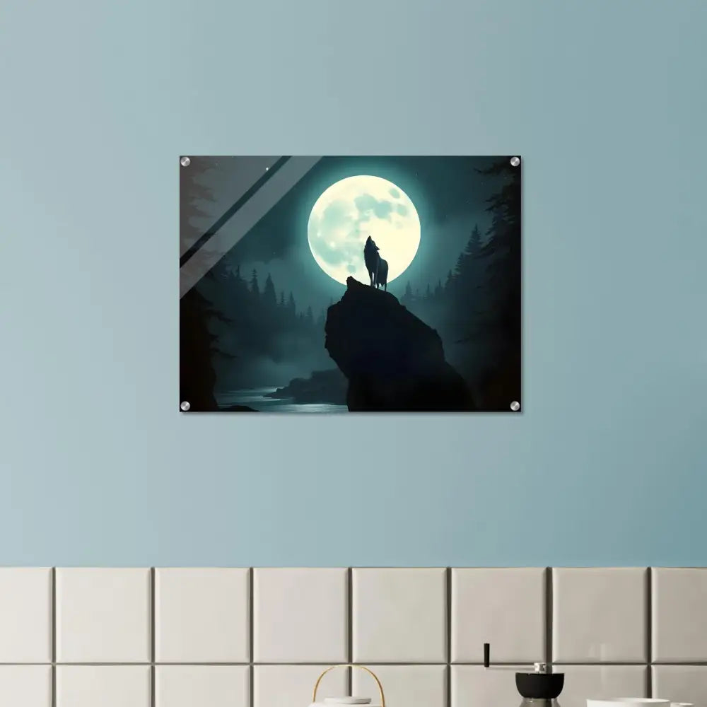 Framed wolf howling at moon artwork acrylic print titled Howling at the Moon by PixiOnyx Lunar Reverie