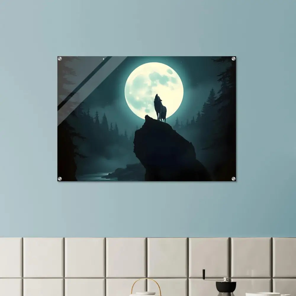 Acrylic print wall art of a wolf howling at the moon from PixiOnyx Lunar Reverie