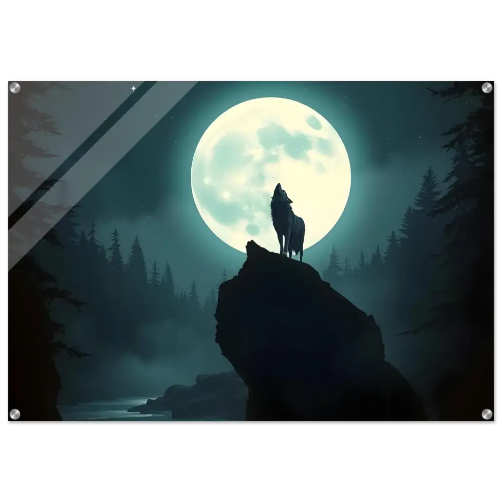Framed acrylic print of a wolf howling at the moon from PixiOnyx Lunar Reverie collection