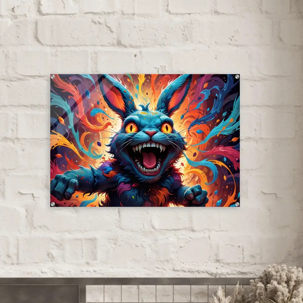 Colorful snarling rabbit art acrylic print titled Inferno Giggle Psycho Cottontail Quartet