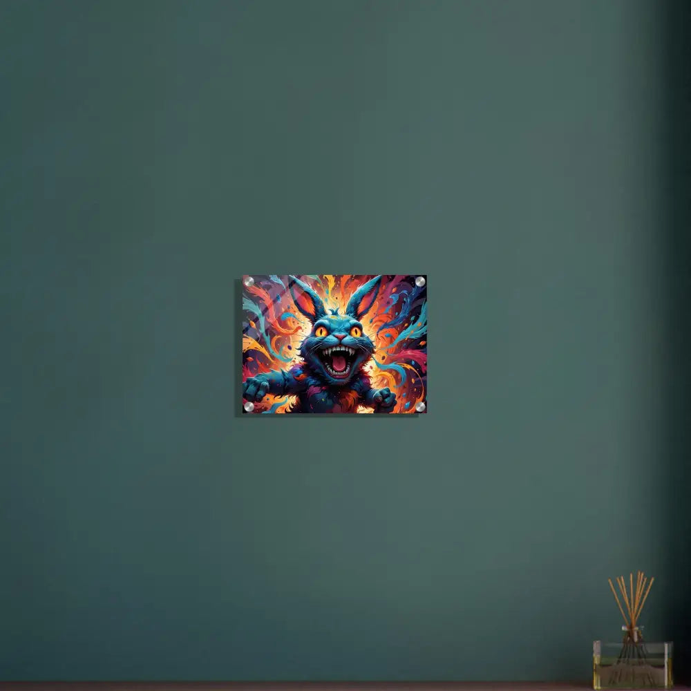 Colorful menacing rabbit art acrylic print titled Inferno Giggle by PixiOnyx Crystal Flame