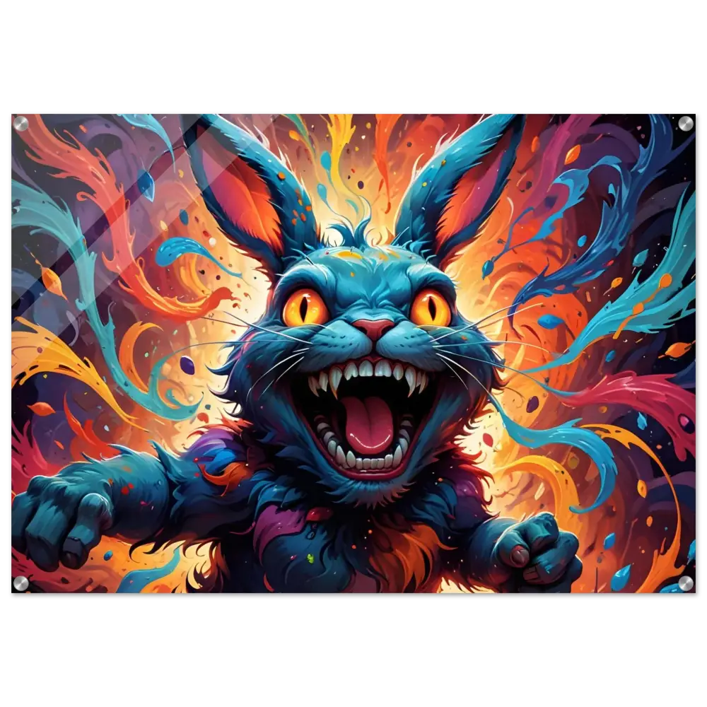Colorful menacing rabbit artwork on acrylic print titled Inferno Giggle by PixiOnyx