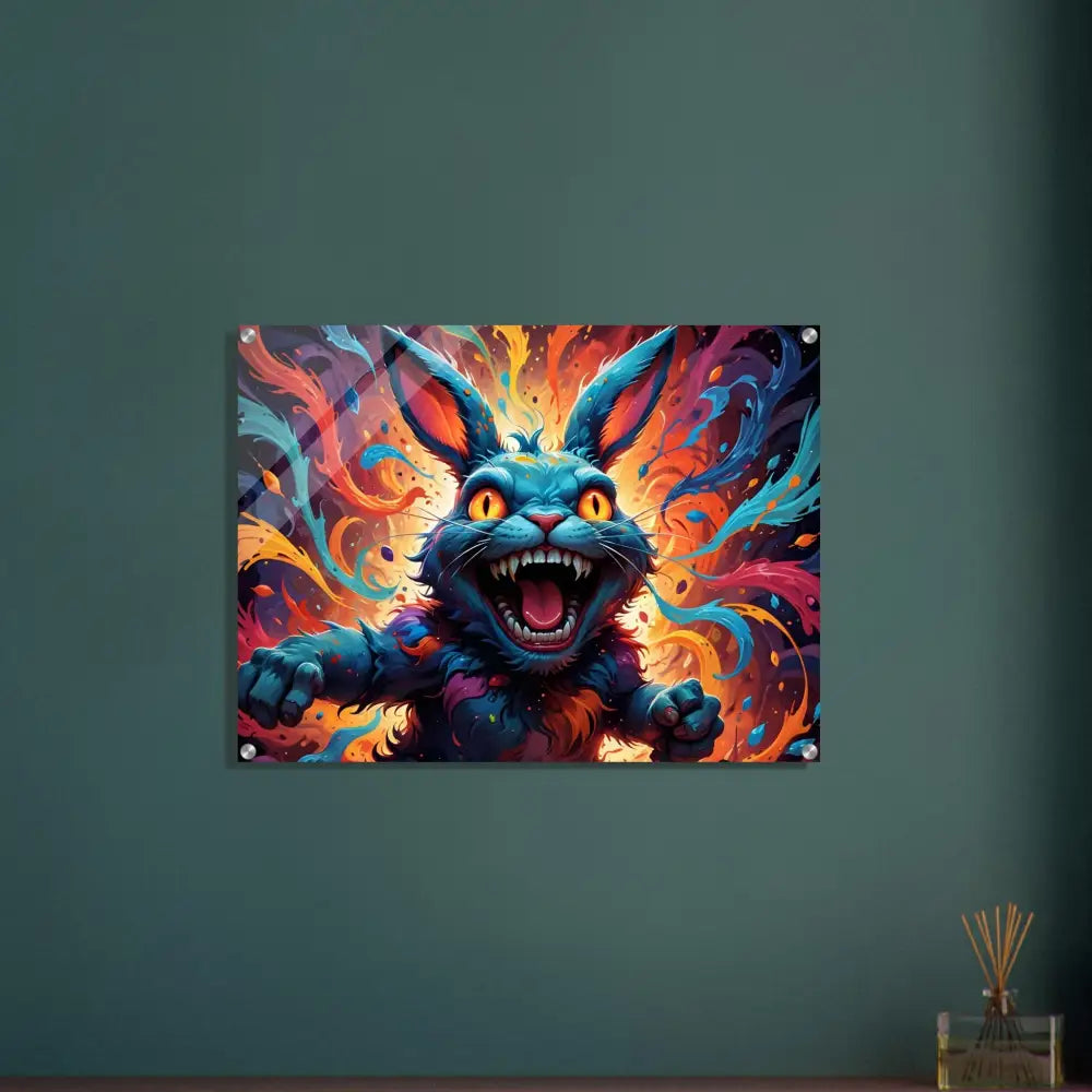 Colorful menacing rabbit art acrylic print titled Inferno Giggle by PixiOnyx Crystal Flame Distortion