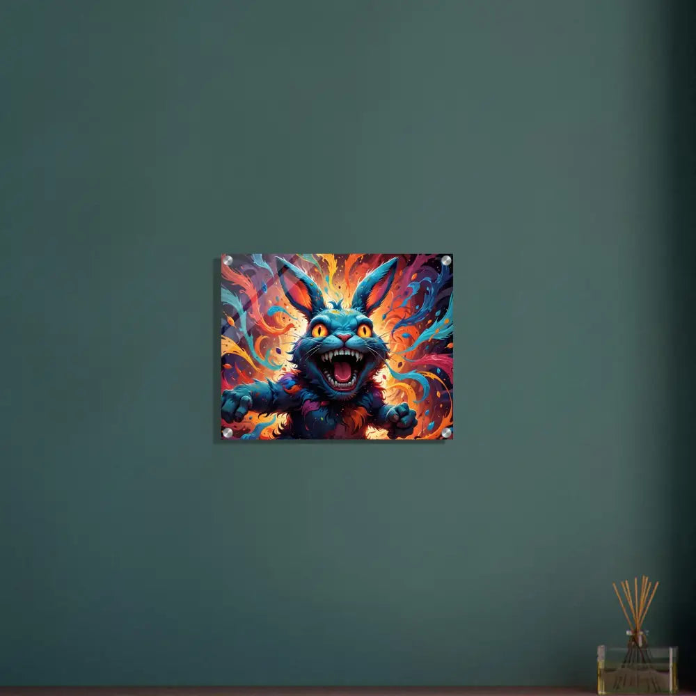 Colorful ferocious rabbit art acrylic print displayed in Psych Cottontail Quartet design