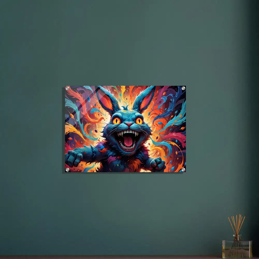 Colorful ferocious rabbit artwork acrylic print titled Inferno Giggle by PixiOnyx Crystal Flame