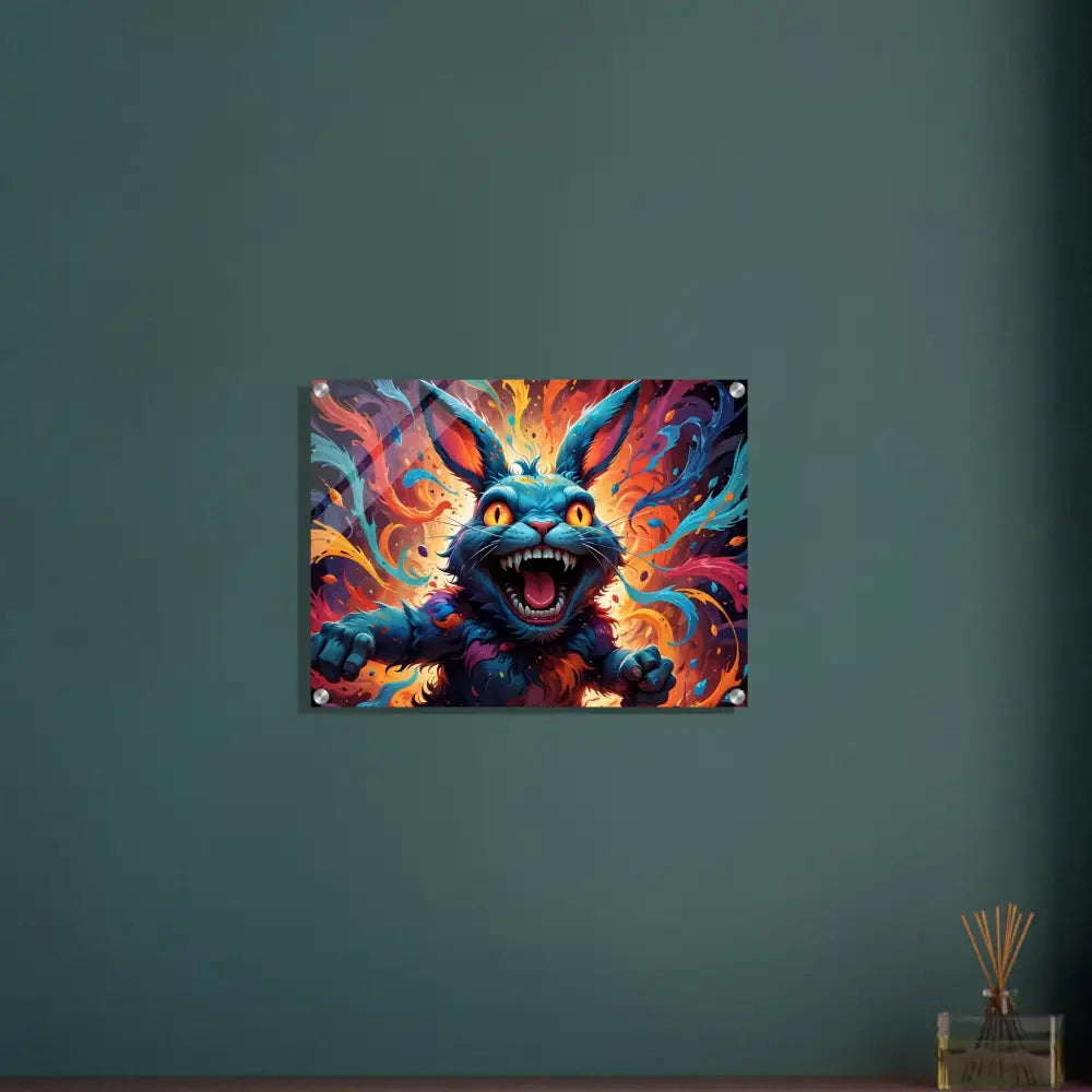Colorful ferocious rabbit wall art on Acrylic Print Inferno Giggle by PixiOnyx Crystal Flame