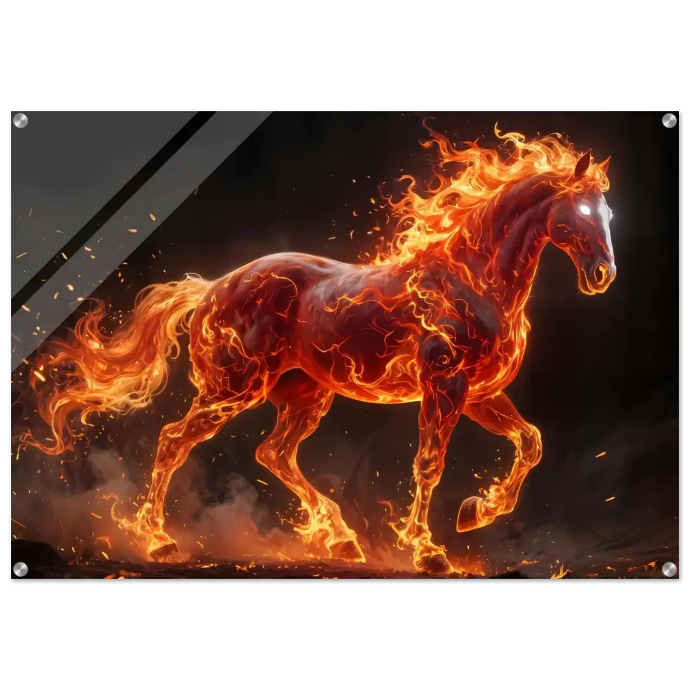Inferno Stallion acrylic print with fiery mane and glowing eyes suspended beneath crystal-clear acrylic