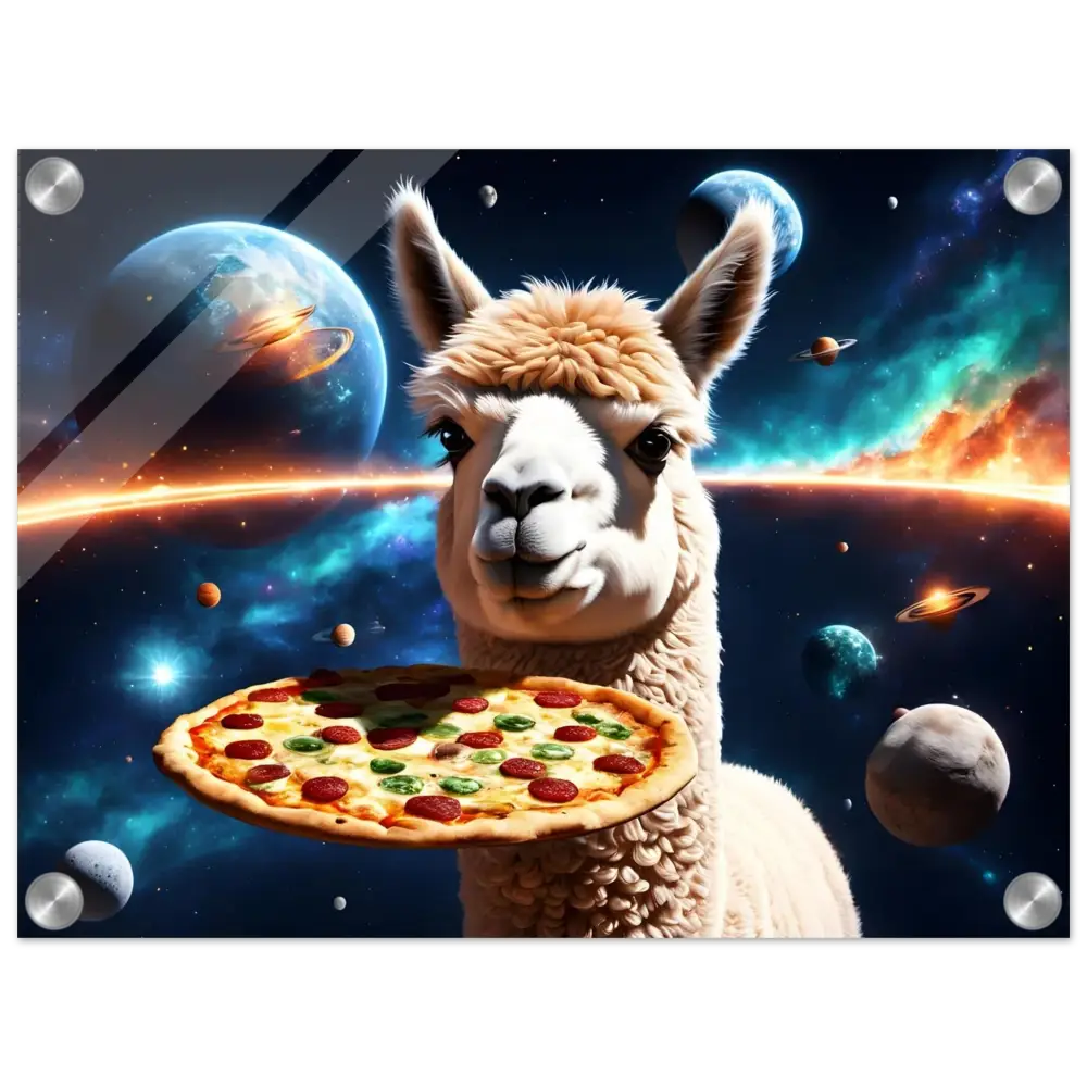 Alpaca holding pizza floating in space for the Intergalactic Alpaca Acrylic Print on PixiOnyx