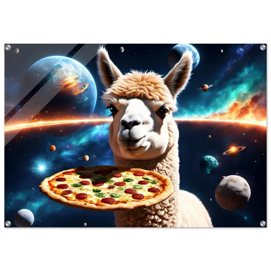 Framed space llama holding pizza acrylic print displayed on a cosmic Lucid Wall Display