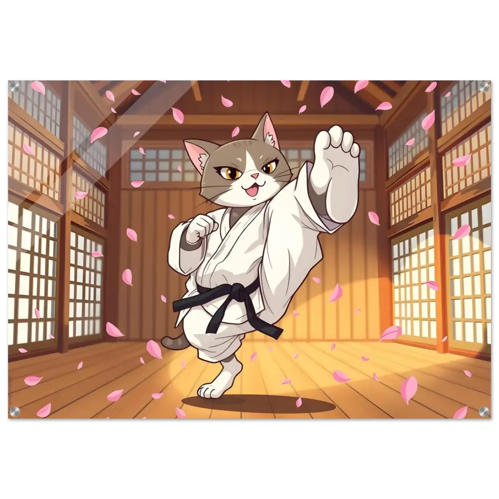 Cartoon cat in karate uniform on Acrylic Print Cherry Blossom Showdown by PixiOnyx